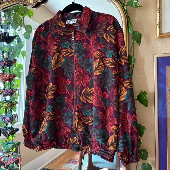Vintage Teddi Fall Leaves Windbreaker Jacket 80s 90s Grandpa - Picture 3 of 6